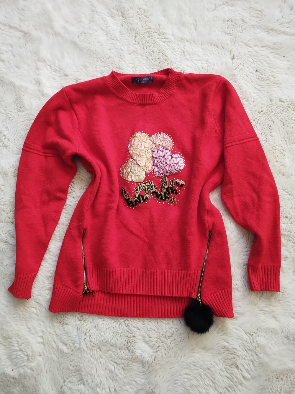 Women’s Red Embellished Crewneck Sweater with Pom-Zip Detail